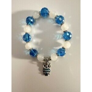 LT BLUE Facete Bead Stretch Bracelet w/ White Gemstone Beads & Silver Owl Charm